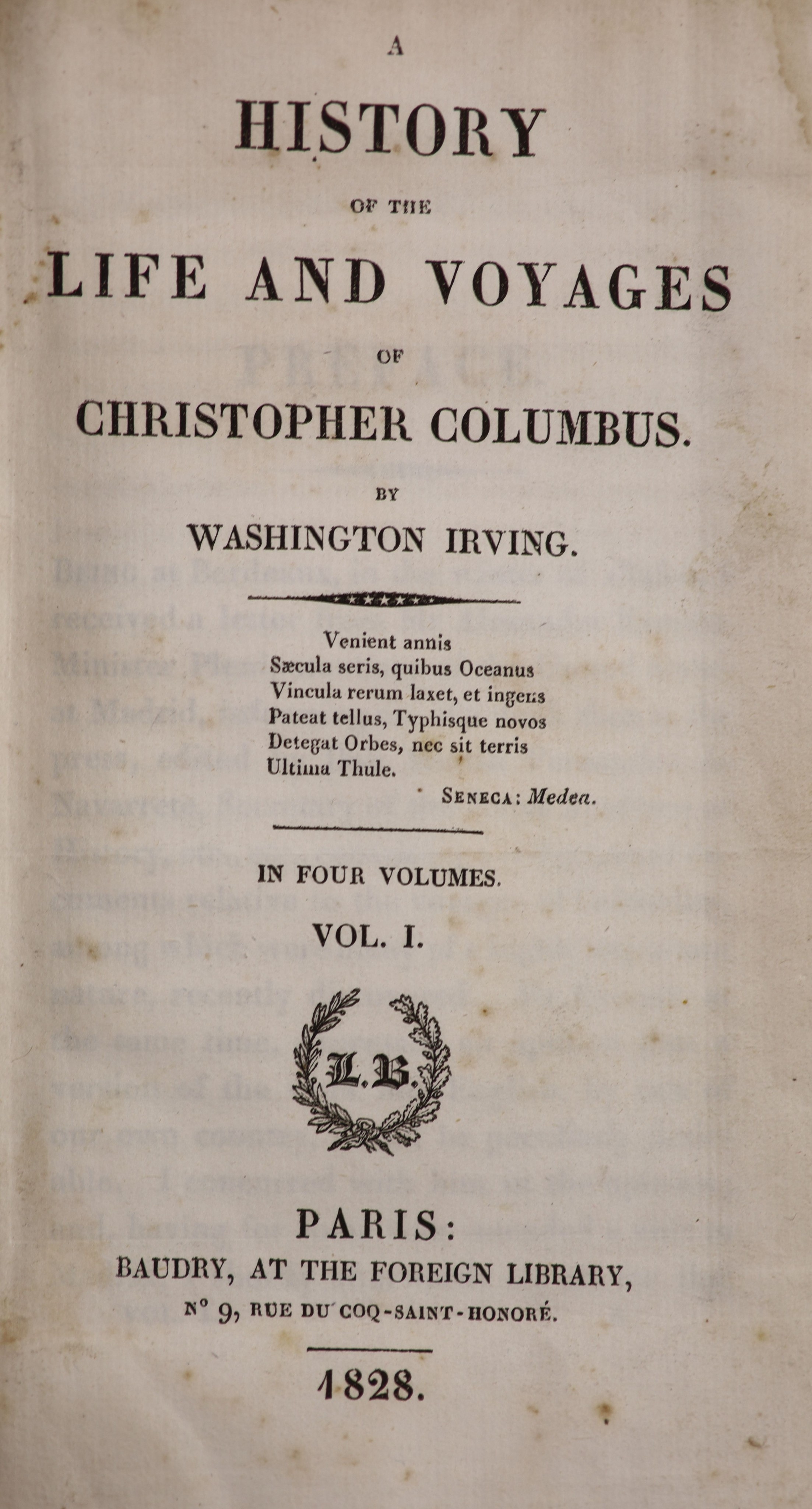 Irving, Washington - A History of the Life and Voyages of Christopher Columbus, 4 vols, 16mo, calf, with 2 folding maps, Baudry, Paris, 1828